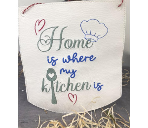 Stickdatei ITH - Wimpel Ösen & Stab Spruch "Home is where my kitchen is"